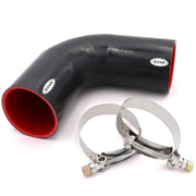 Taukealugs front view of 90° silicone elbow showing 3" diameter and robust curve, durable fit
