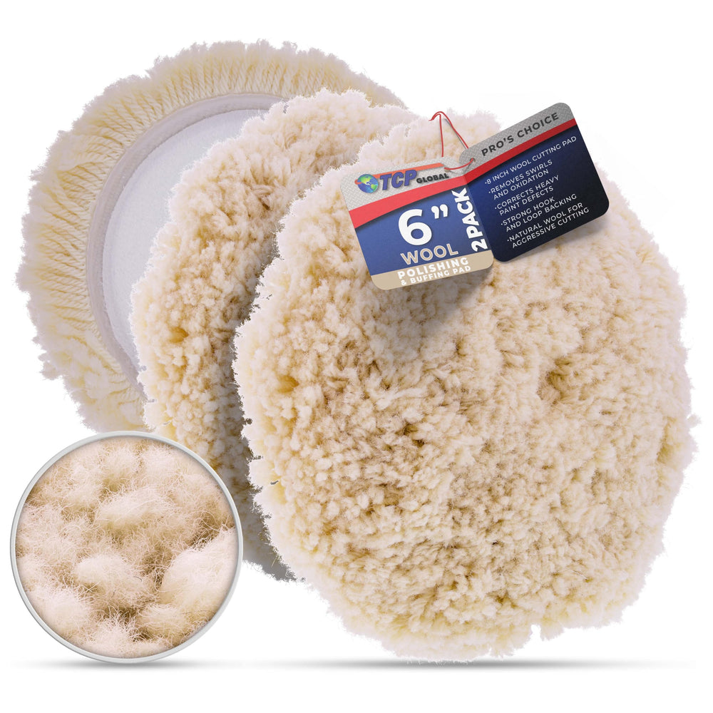 TCP Global 6-inch wool pad front view showing dense fibers and fast cutting benefit