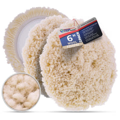 TCP Global 6-inch wool pad front view showing dense fibers and fast cutting benefit