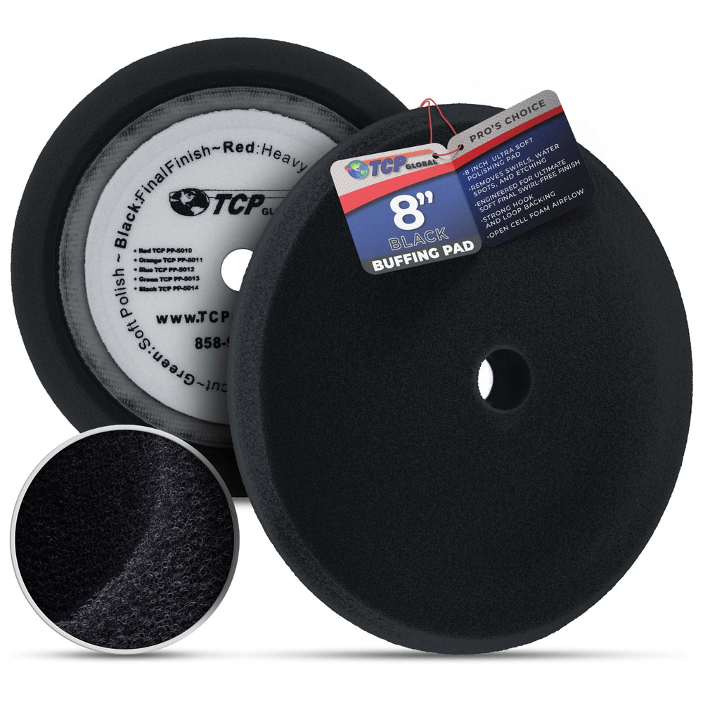 TCP Global front view of 8-inch black finishing pad showing soft foam and neat edge, ideal for even application