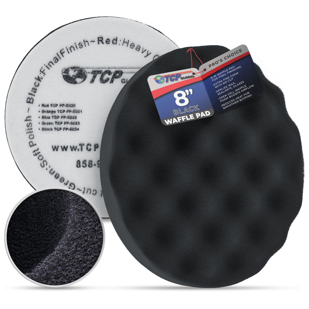TCP Global 8-inch black waffle pad front view showing soft foam and uniform surface for smooth finishing