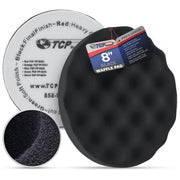 TCP Global 8-inch black waffle pad front view showing soft foam and uniform surface for smooth finishing