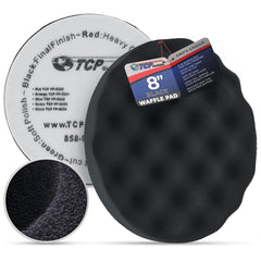 TCP Global 8-inch black waffle pad front view showing soft foam and uniform surface for smooth finishing
