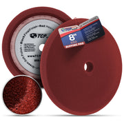 TCP Global red 8-inch foam pad front view showing aggressive cut for fast defect removal