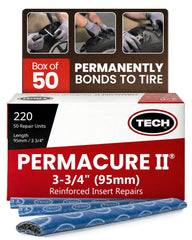 TECH Tire Repairs box front view showing 50 Permacure II plugs and clear labeling for storage benefit