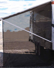 Tentproinc front panel mounted on awning, shows shade and open view