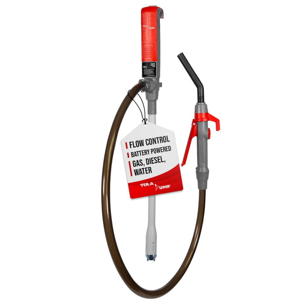 TERA PUMP front view showing compact pump and hose for easy transport