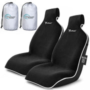 TESFEEL front packaging view showing two black seat covers and labels for protection