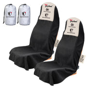 TESFEEL front packaging view showing two black seat towels and travel bag for easy protection