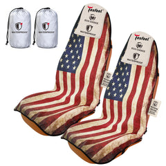 TESFEEL front seat cover showing flag design and full coverage benefit