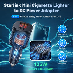TESKKR adapter 10ft DC cable stretched illustrating flexible Starlink placement