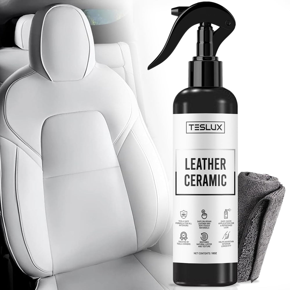 TesLux front packaging showing 10oz bottle and label protects vegan leather