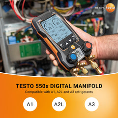 Testo 550s paired to smartphone app for wireless data logging and reports