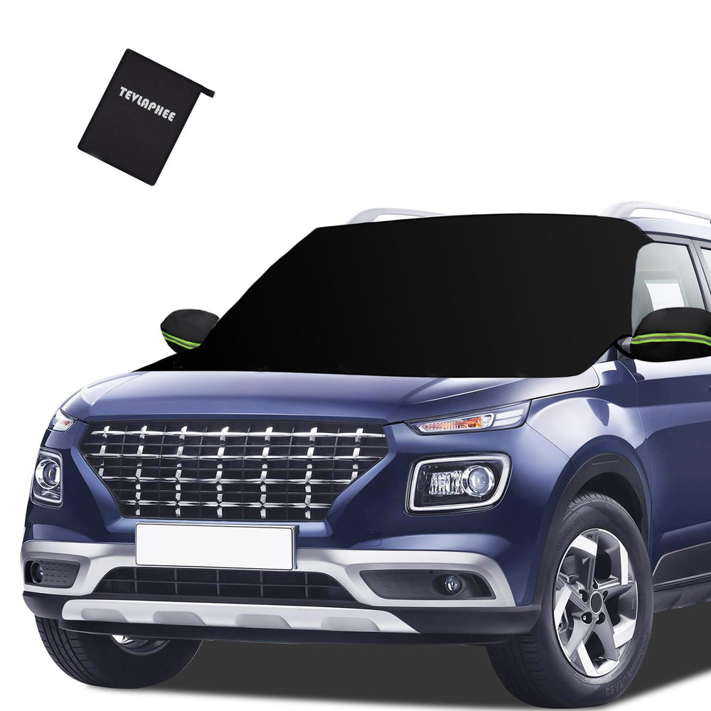 Tevlaphee front view of windshield cover on car showing full protection and quick setup