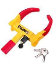 Tevlaphee front view clamped on wheel showing theft deterrence