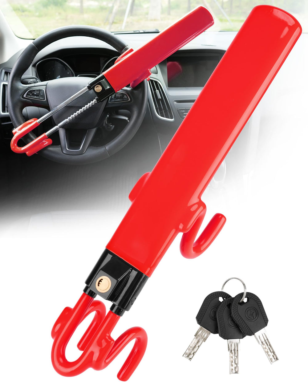 Tevlaphee front view of red steering wheel lock showing visible deterrent benefit