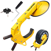 Tevlaphee wheel lock front view showing bright yellow deterrent and secure fit