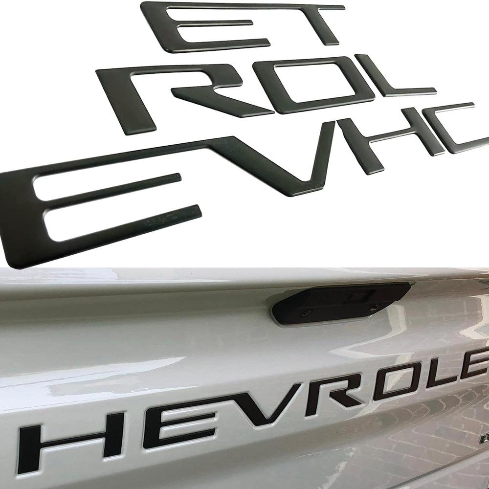 Texflic front view of matte black tailgate letters showing clean factory appearance and improved styling