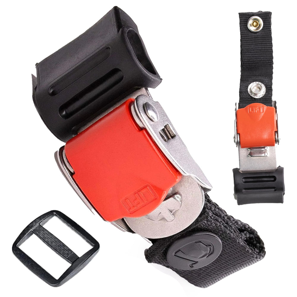 The Helmet Shop front view of stainless steel quick release buckle showcasing durable build and easy clip-on benefit