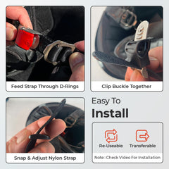 The Helmet Shop buckle installed on helmet chin strap showing tool-free fit and reversible installation benefit