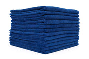The Rag Company front packaging 12-pack royal blue towels showing size and color benefits