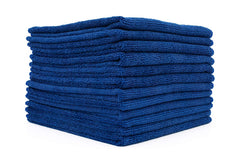 The Rag Company front packaging 12-pack royal blue towels showing size and color benefits