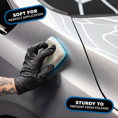The Rag Company pad applying tire dressing showing controlled coverage and minimal waste