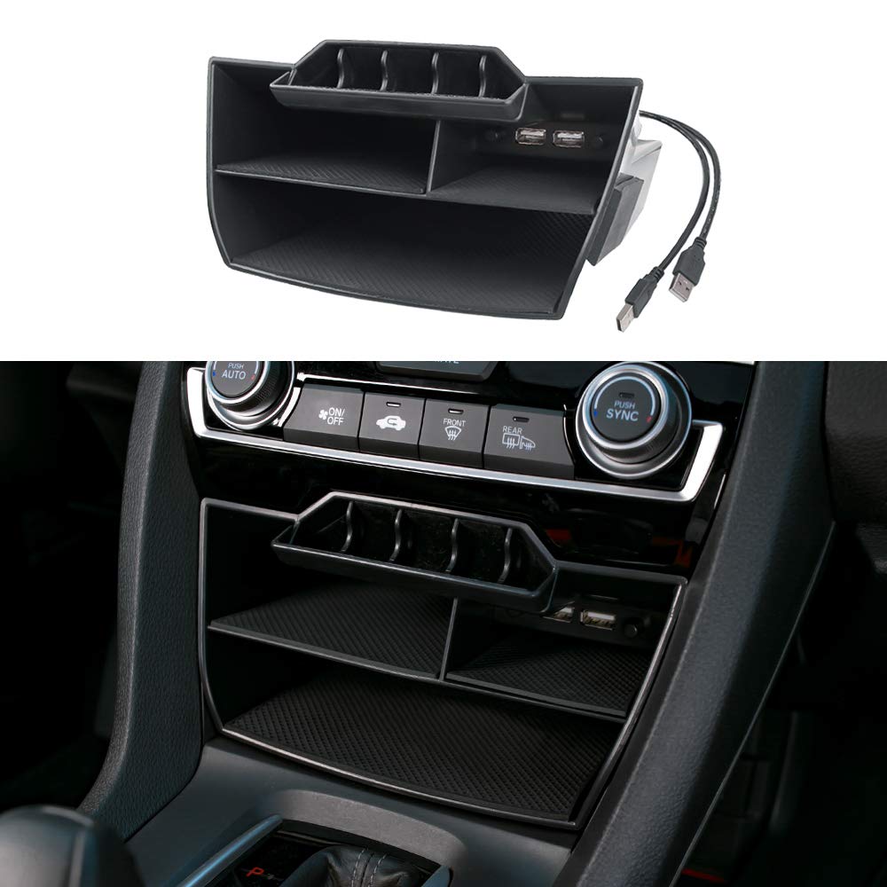 Thenice front view of console organizer showing tidy compartments and improved storage