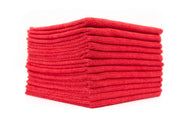 The Rag Company front pack of 12 red microfiber towels, ready for multiple uses