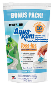 Thetford Aqua-KEM front pouch showing 16 toss-in packets and branding benefits