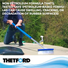 Spraying Thetford cleaner onto EPDM roof in use, helps dissolve grime and chalk benefit
