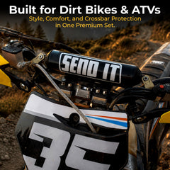 ThrottlePak SEND IT pad installed on a dirt bike crossbar demonstrating fit and safety
