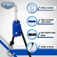 Tie Boss rope and hooks laid out showing included G-hook S-hook and rope for ready use
