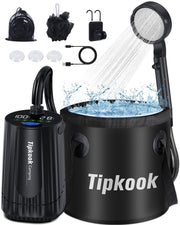 Tipkook front view with assembled shower kit showing compact storage and portability
