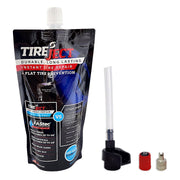 TireJect kit front packaging showing compact 10 oz bottle and tools for fast fixes