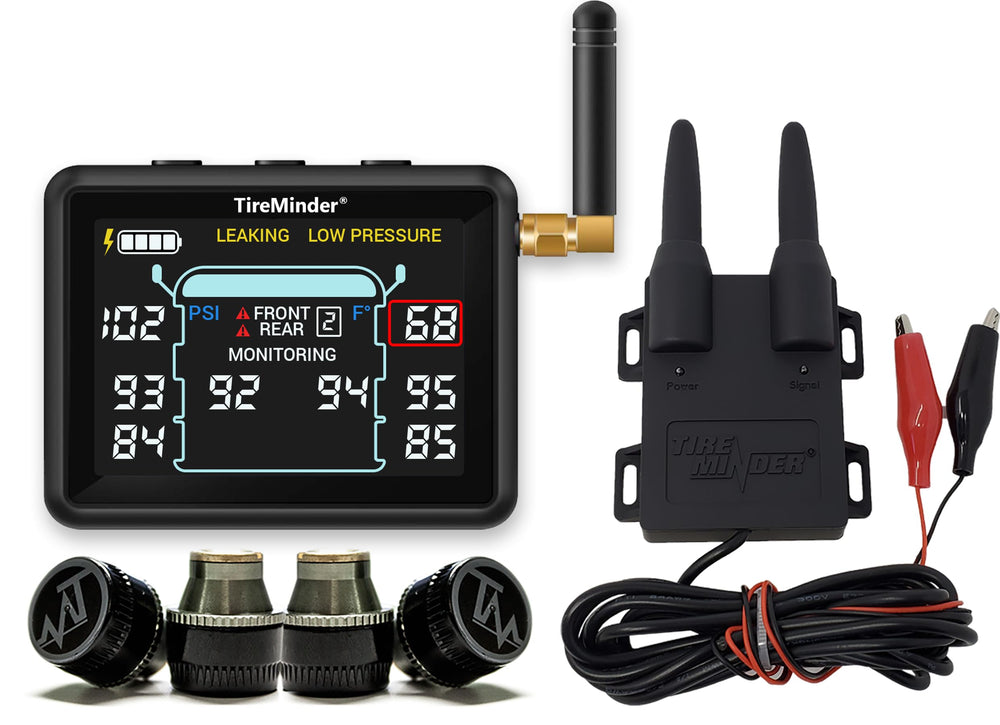 TireMinder i10 console front display showing PSI and temperature for quick safety checks