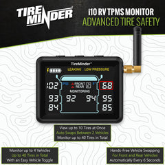 TireMinder transmitter close-up showing durable valve-stem mount and accurate readings