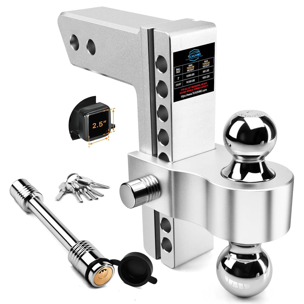 Tlvuvmo front view of assembled hitch showing dual balls and benefits of versatile towing