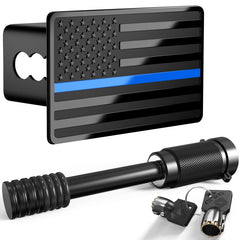 TOEASYTY front view of blue line flag hitch cover showing patriotic style and durable finish