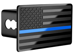 TOEASYTY front view of Blue Line flag hitch cover showing bold design and roadside appeal