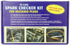 Tool Aid spark checker close-up detail showing in-line connector and inspection bulb for clear ignition feedback