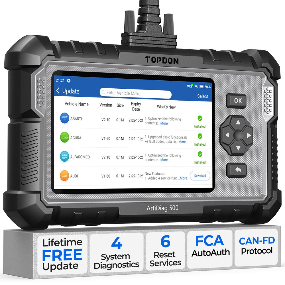 TOPDON AD500 front display showing main diagnostic menu and fast access