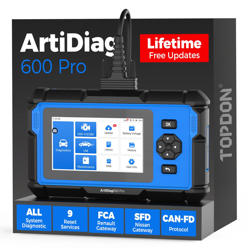 TOPDON ArtiDiag600 Pro front view showing compact handheld design and screen clarity