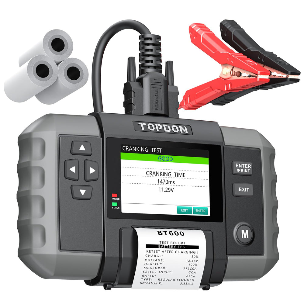 TOPDON BT600 front view showing controls and printer for quick reports
