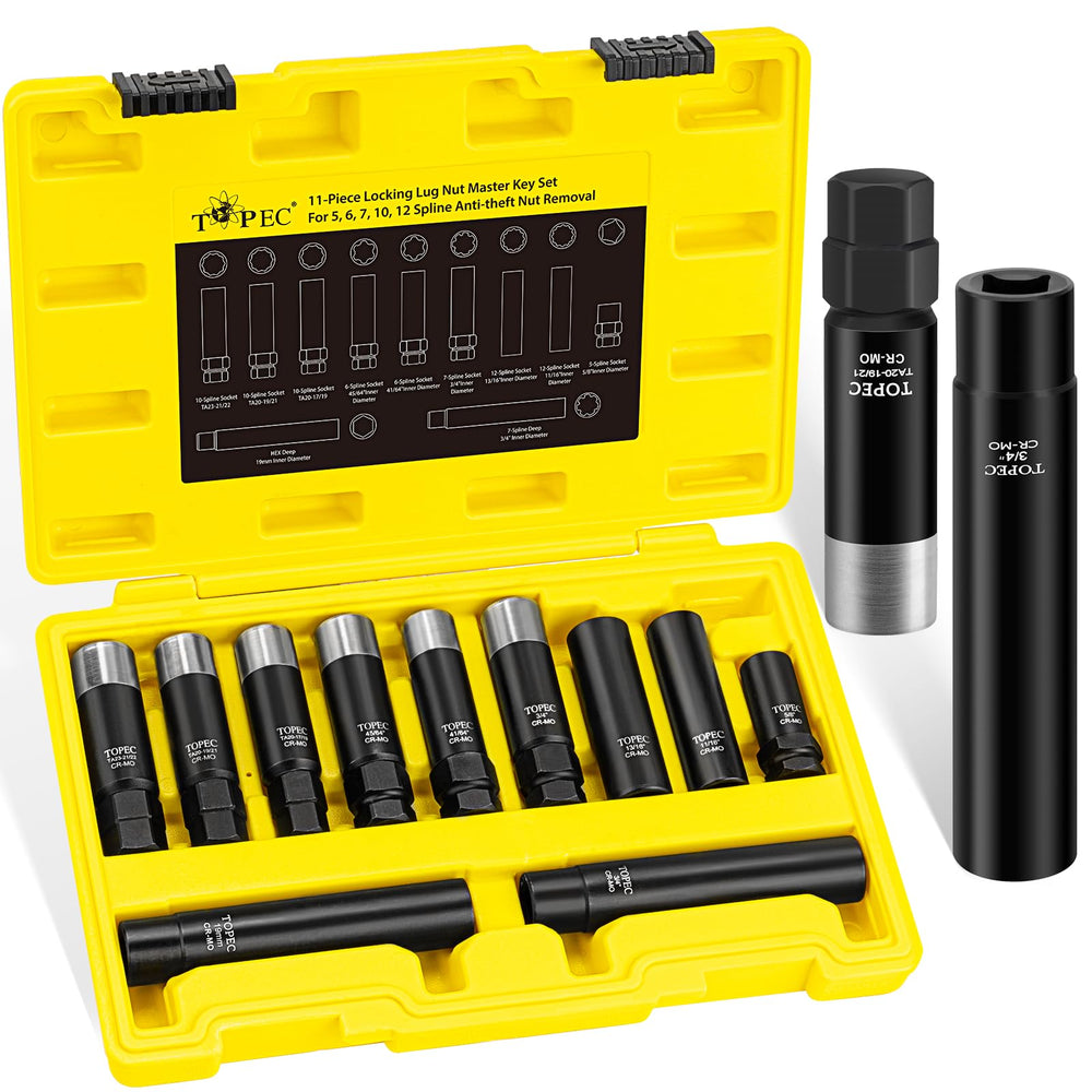Topec front packaging showing full 11PCS lug key set and organized case for quick access