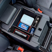 TOPINSTALL front view of red console organizer showing neat compartments and quick access
