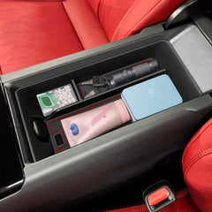 TOPINSTALL front view of red console organizer showing compartments and neat storage benefit