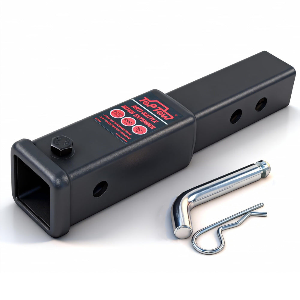 TOPTOW front view of 2 inch hitch extender showing sturdy steel and fit benefits