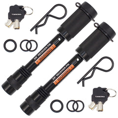 TowWorks front view of two 5/8" locking hitch pins showing secure packaging and features