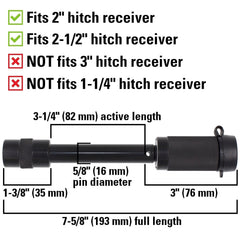 TowWorks lock installed in a 2" receiver, extra-long span fits deep hitch tubes